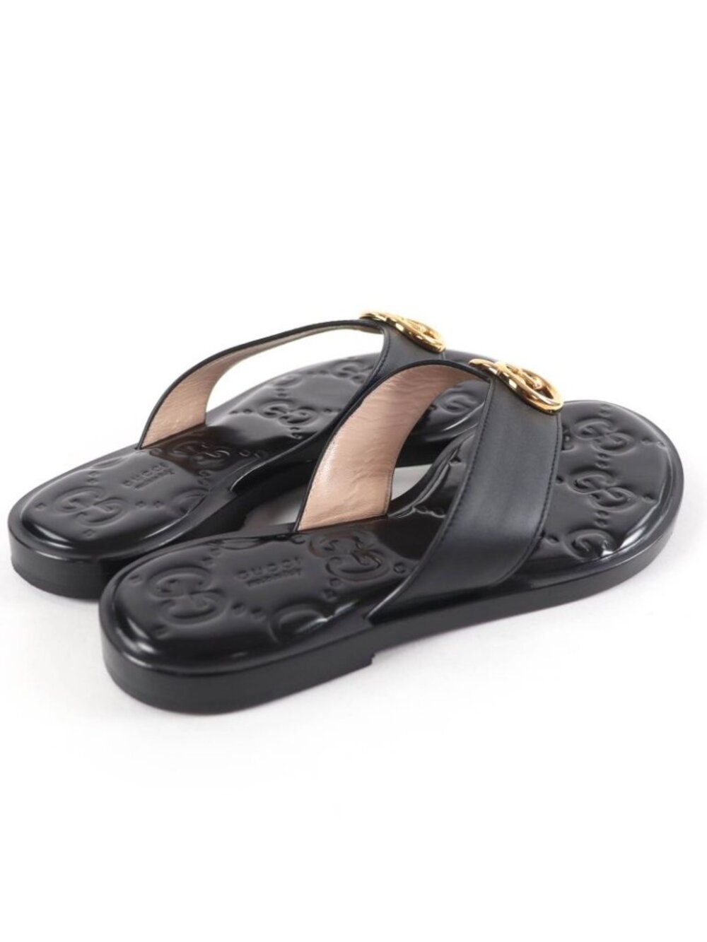 Gucci Leather Interlocking Sandals Black Gold 36.5 - Picture 3 of 12